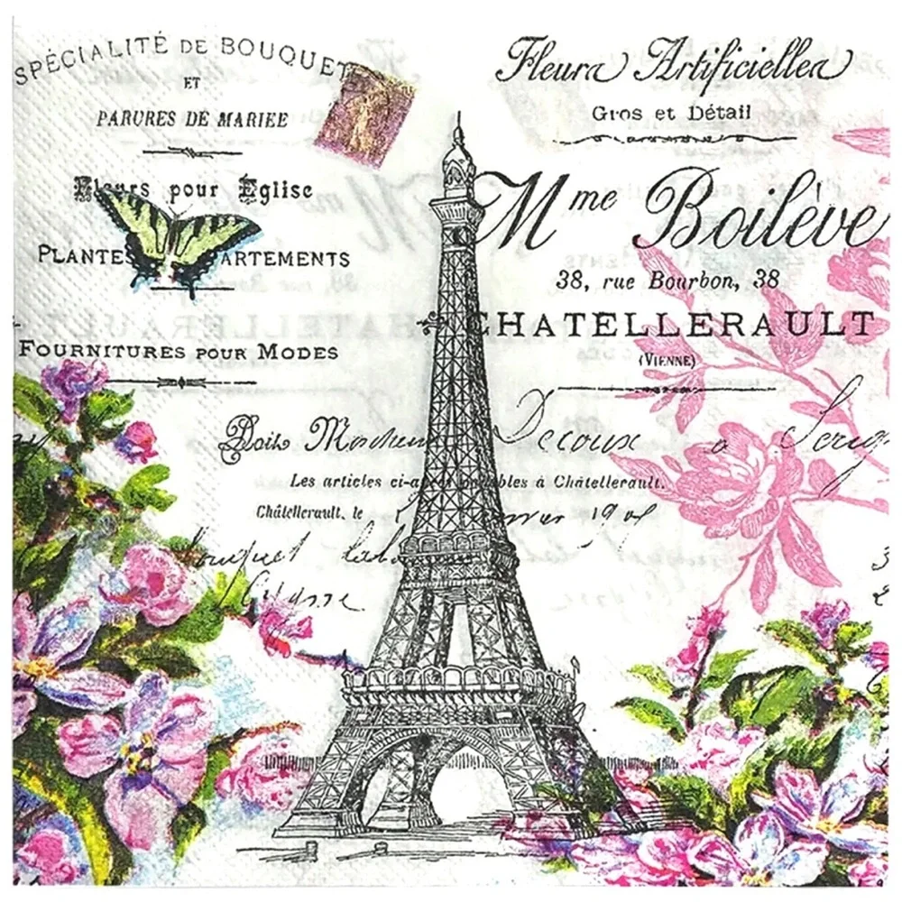 Set of Two (2) Individual Parisian Floral Script Decoupage Luncheon Size Napkins